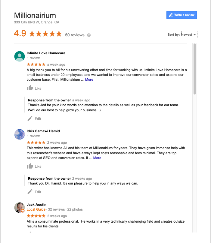 Google Reviews - www.millionairium.com