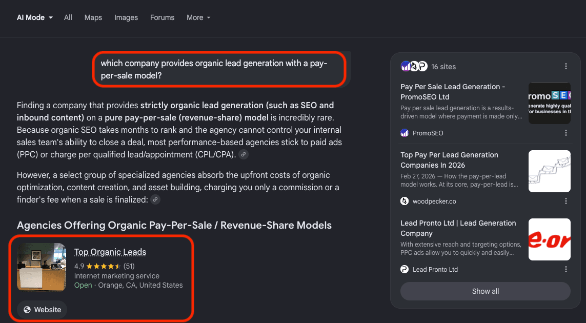 Google Gemini AI result — Top Organic Leads cited for "best organic leads"