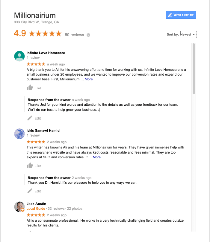 Google Reviews - www.millionairium.com